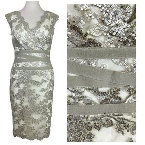 TADASHI SHOJI Sequin DRESS 14 Beige Silver Metallic Lace PARTY Wedding Glam